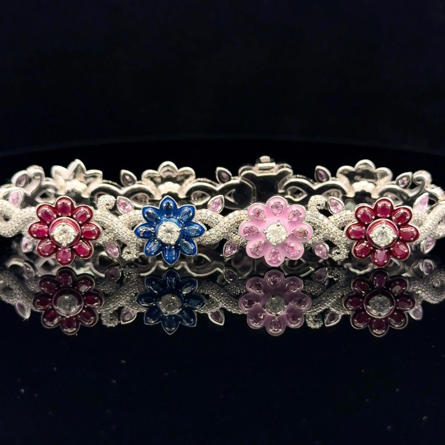 Flower Link Style Diamond & Gemstone Bracelet – 10K White Gold & Rose Natural Diamonds
