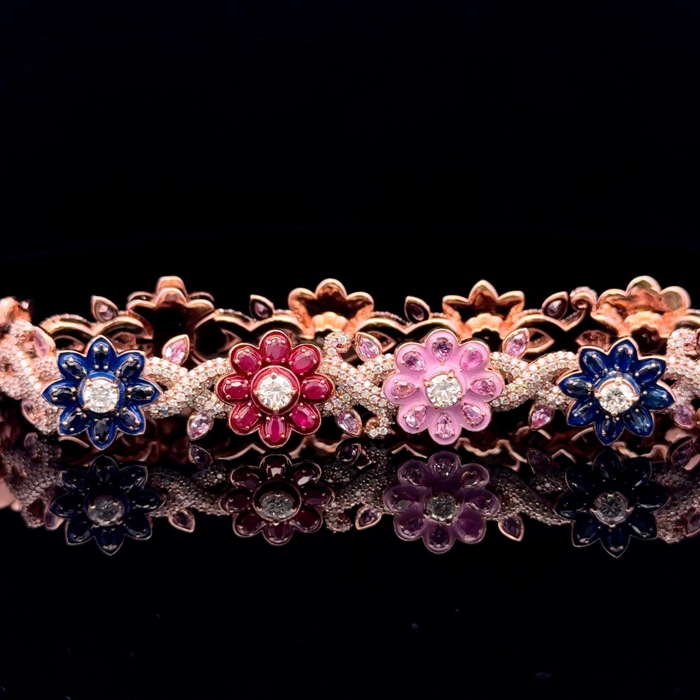 Flower Link Style Diamond & Gemstone Bracelet – 10K White Gold & Rose Natural Diamonds