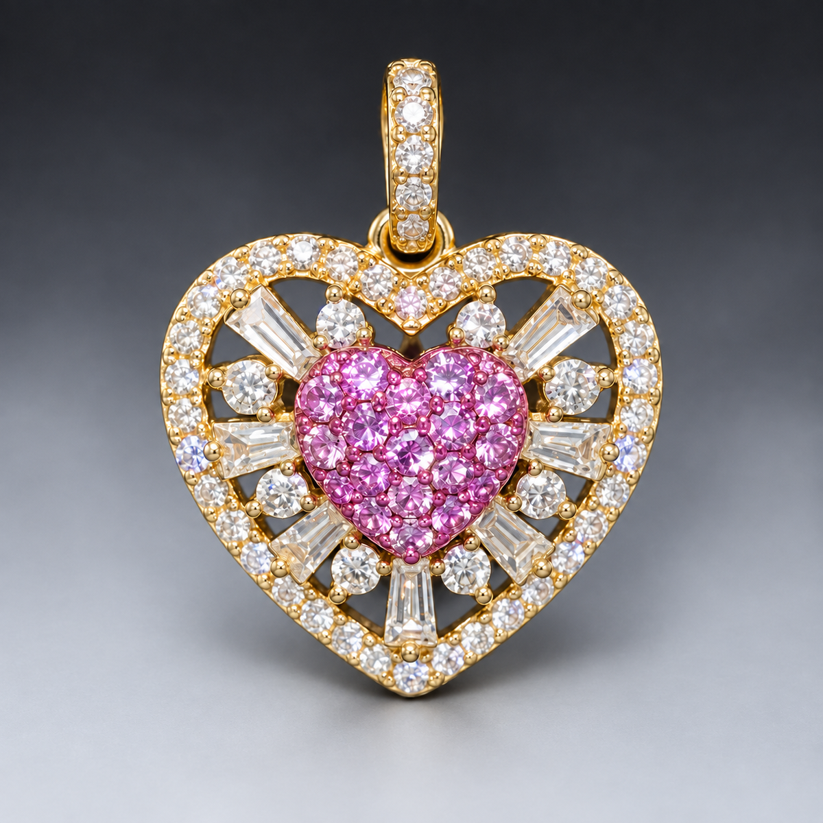 14K Yellow Gold .65” Heart Pendant with 0.90 CT Mosaic Pink Sapphire Center, Natural Round Diamonds & Baguette Accents