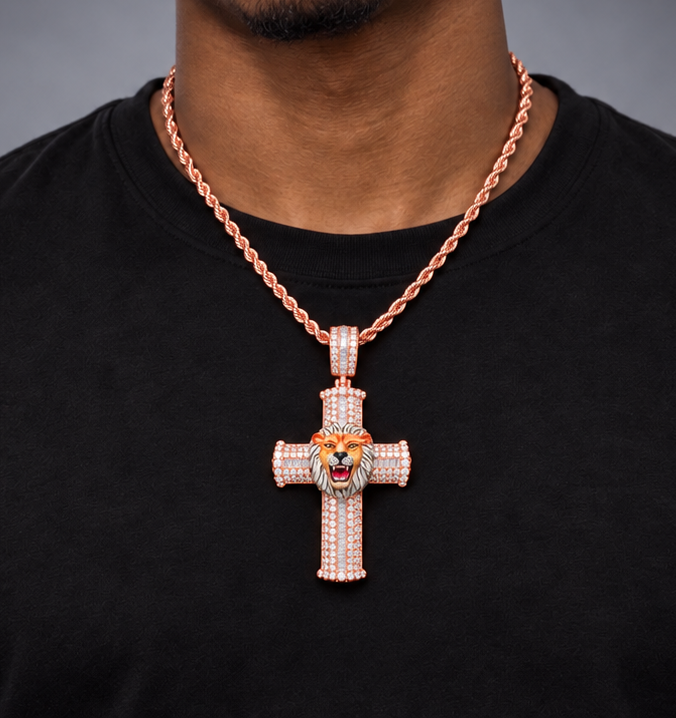 14K Gold Natural Diamond Cross Pendant with Enamel Lion Head