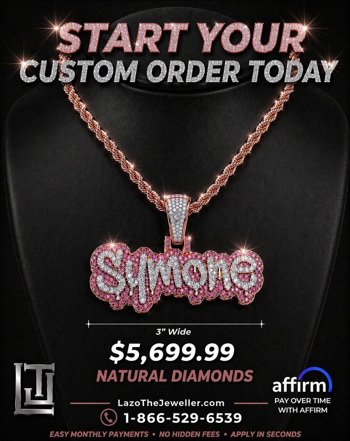 10k Gold VS1 Natural Diamond 3” Wide Custom Pendant Deposit