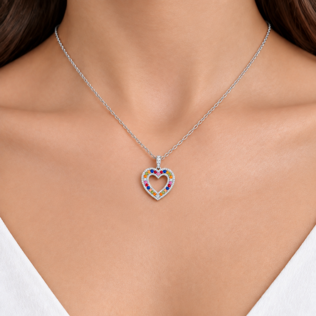 14K Gold Diamond & Multi-Color Gemstone Heart Pendant
