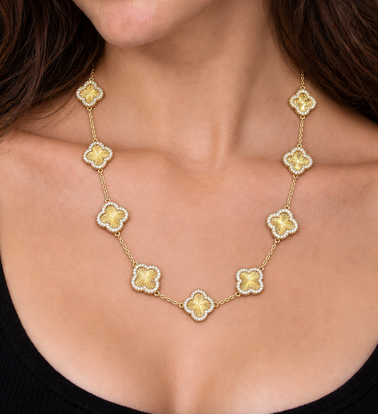 14K Yellow Gold Diamond Clover Station Necklace | Luxury Designer Style