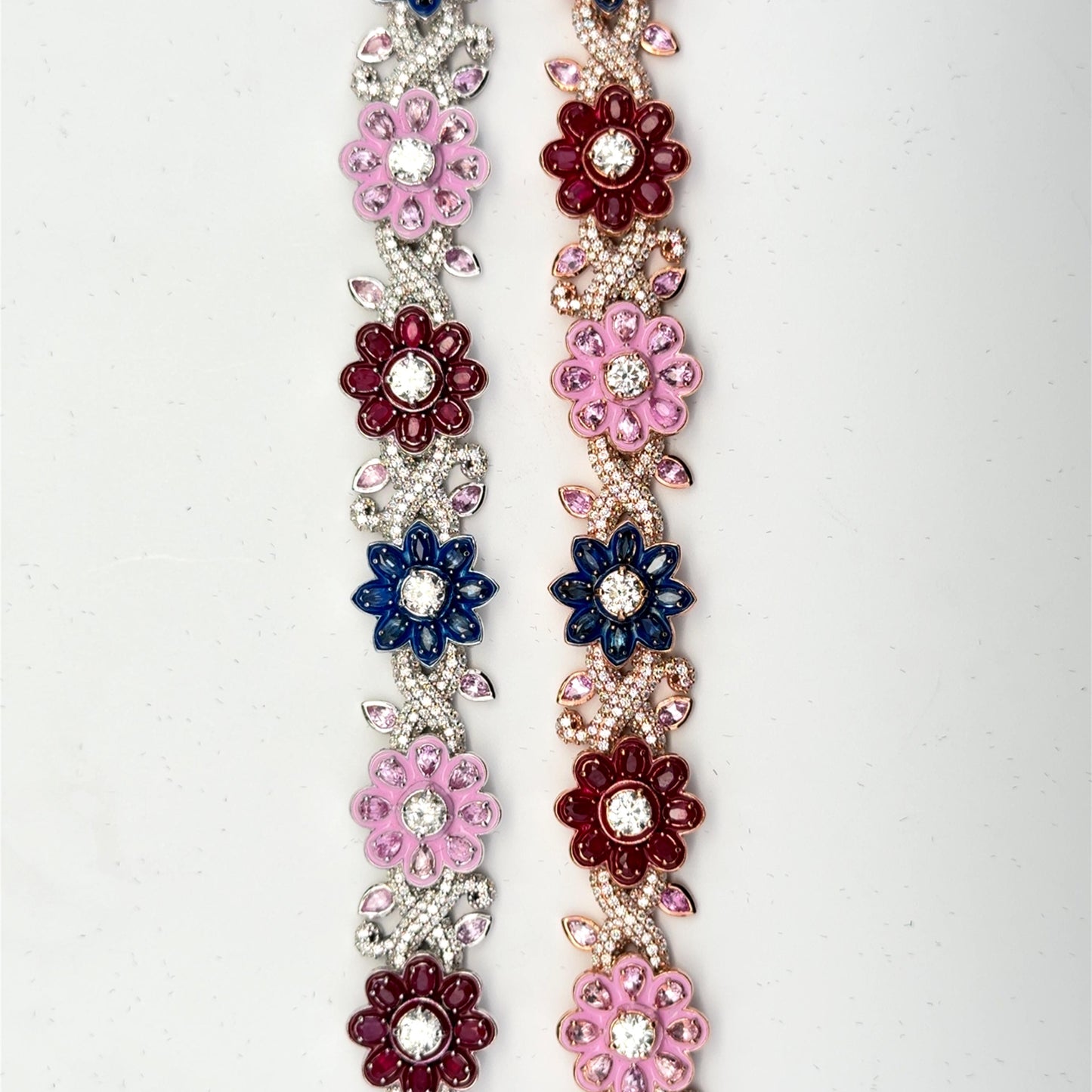 Flower Link Style Diamond & Gemstone Bracelet – 10K White Gold & Rose Natural Diamonds