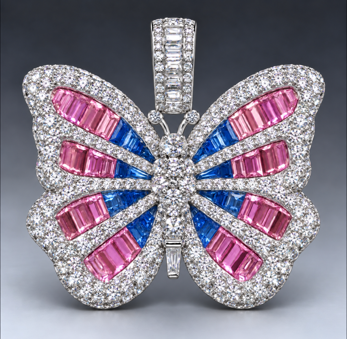14K Butterfly Pendant with Blue & Pink Sapphire Center and Natural Diamond Border