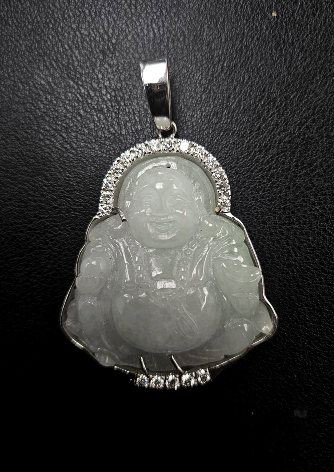 10K Gold White Jade Buddha Pendant – 1.5ct Natural Diamonds