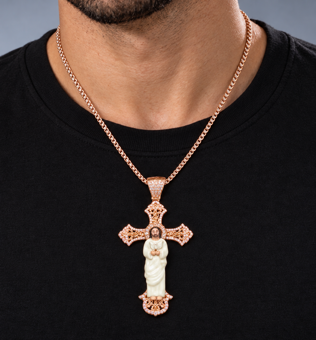 14K Gold Enamel Jesus Cross Pendant Natural Diamond