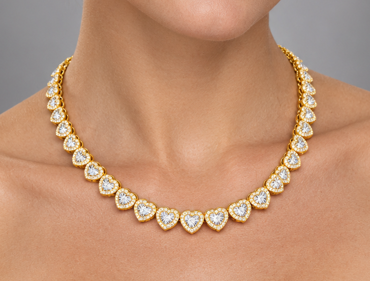 10K Yellow Gold Heart Diamond Tennis Necklace – 7.00 Carats Natural Diamonds | 17”