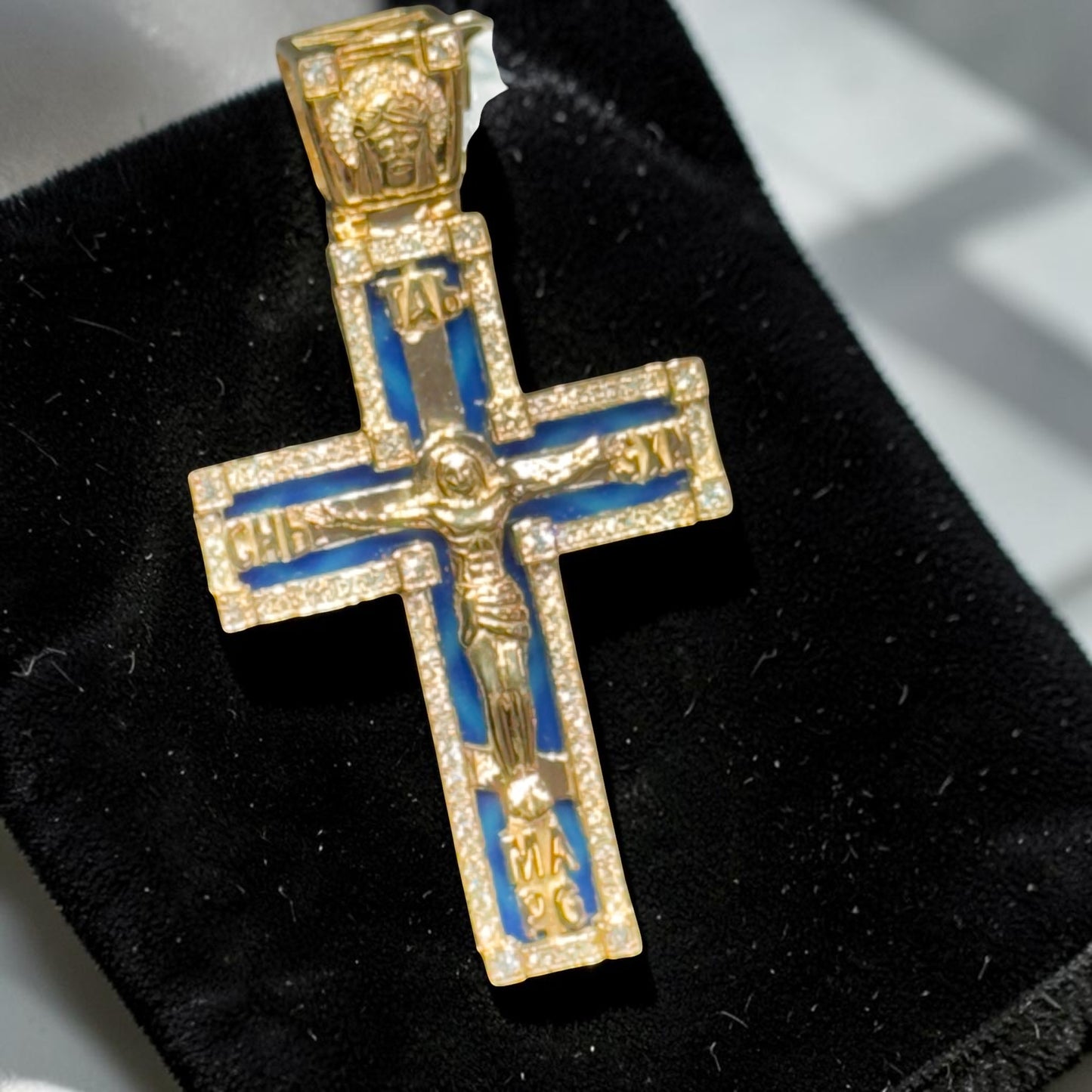 14K Yellow Gold 1.45” Enamel Jesus Cross Pendant with Diamond Border & Diamond Jesus Bail