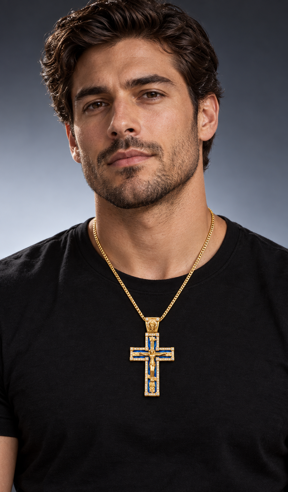 14K Yellow Gold Enamel Jesus Cross Pendant with Diamond Border & Diamond Jesus Bail