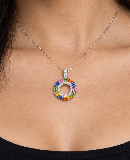14K Yellow Gold Butterfly Pendant with Fancy Cut Blue, Green, Yellow, Pink & Orange Sapphire Gemstones and Natural Diamond Center