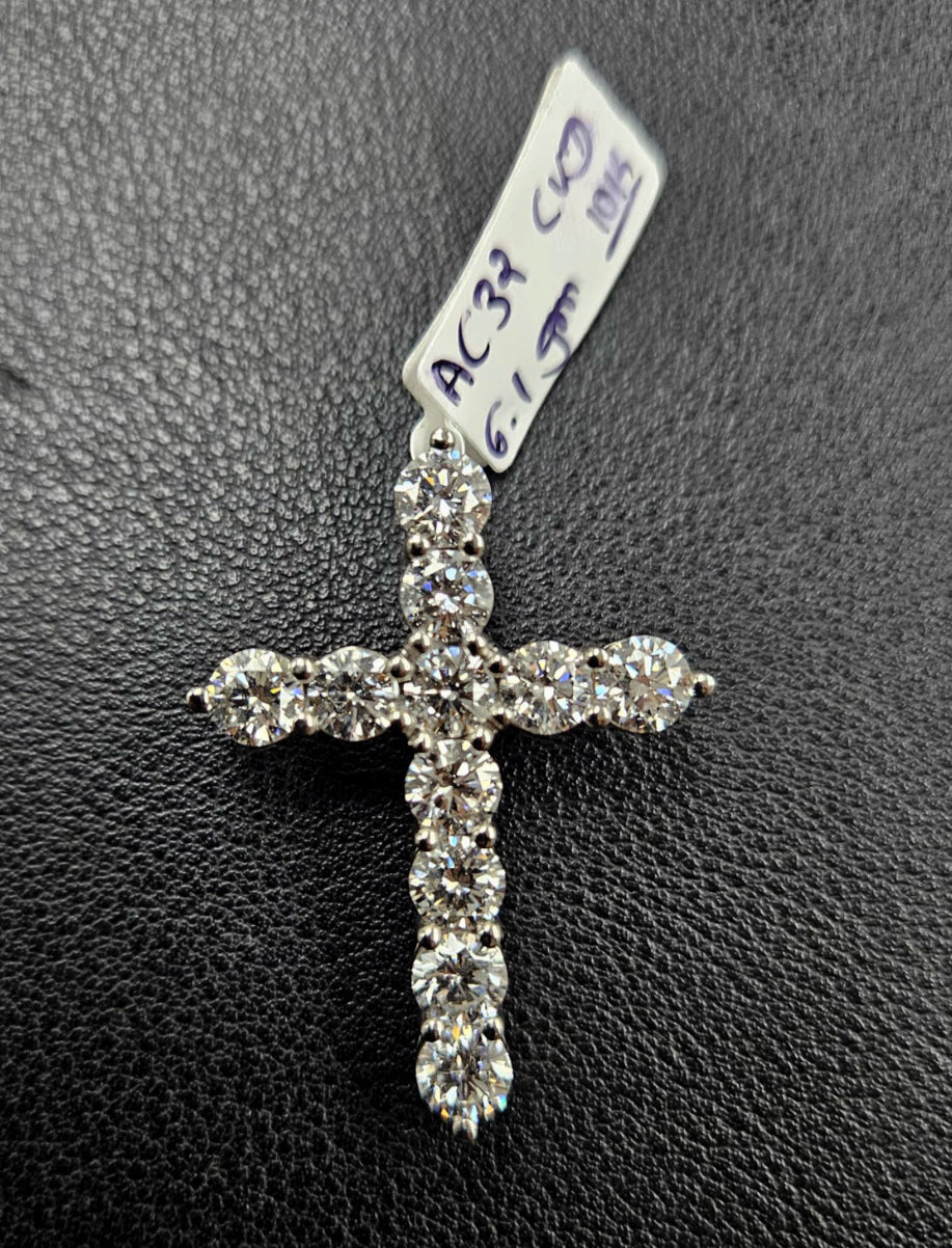 10K White Gold Tennis Cross Pendant with 4.4CT Round Diamonds