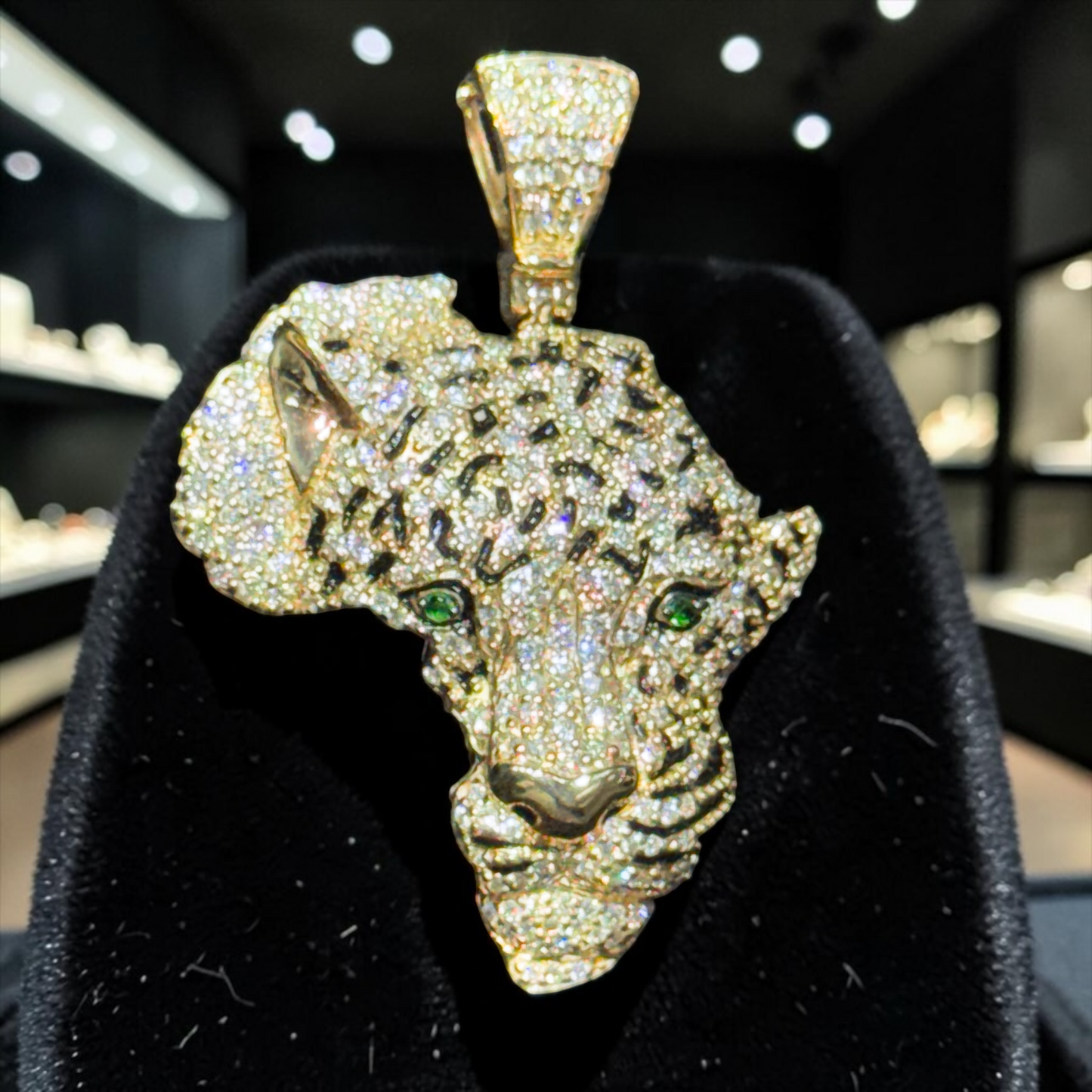 10K Gold 1.25” Africa Cheetah Face Pendant with 2.30 CT Natural Diamonds, Black Enamel & Green Diamond Eyes