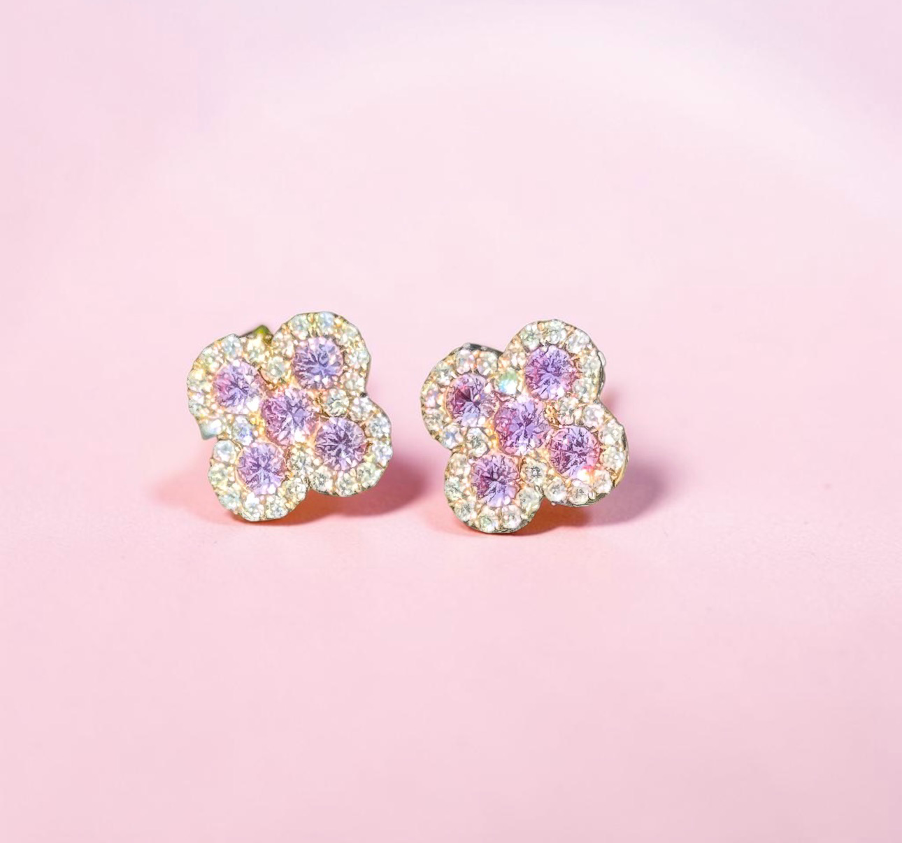 Yellow Gold Diamond & Pink Sapphire Flower Earrings 1.20ct – Luxury Hip Hop Cluster Studs