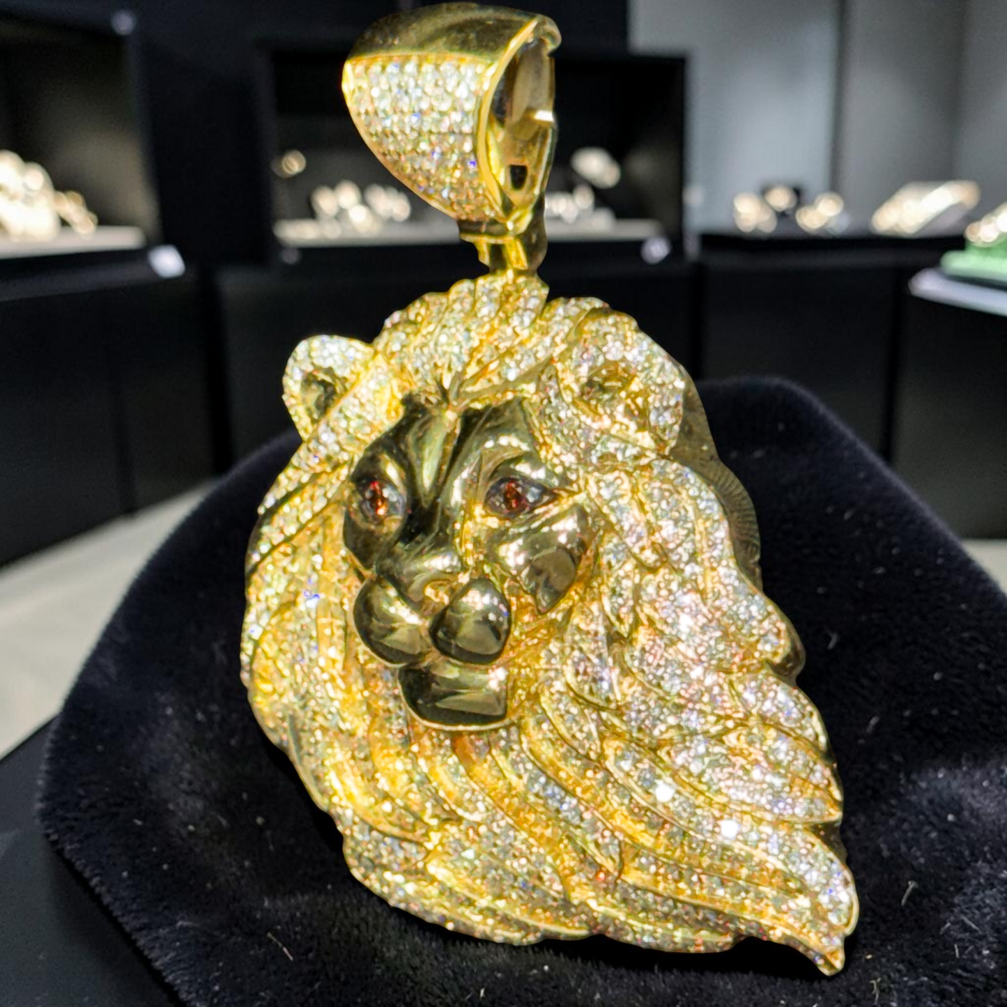 10K Gold 1.25” Lion Face Pendant with 3.15 CT Natural Diamonds & Red Diamond Eyes