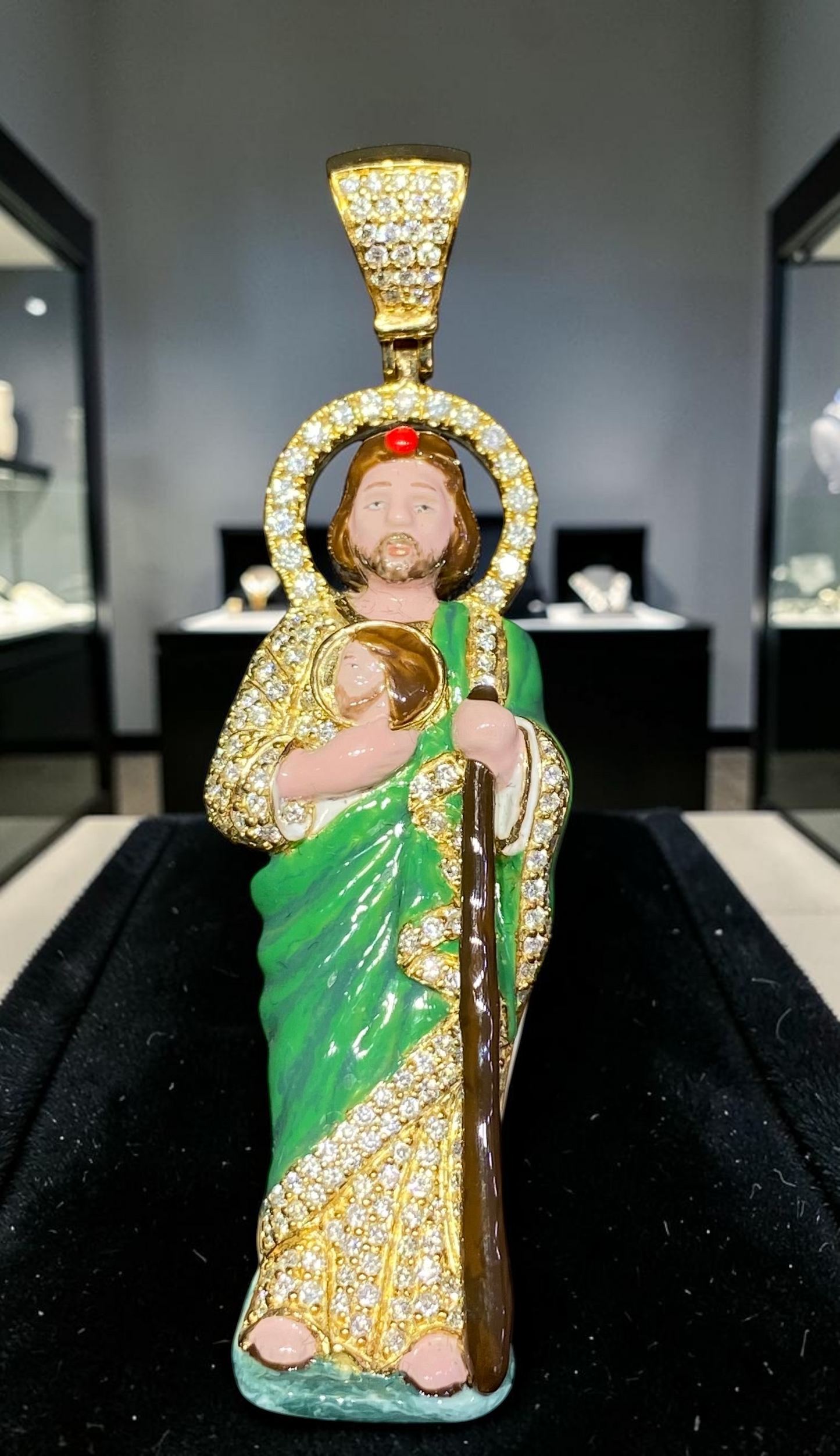 1.5” Heavy 10K Yellow Gold Diamond Jesus Pendant – Hand-Finished Enamel