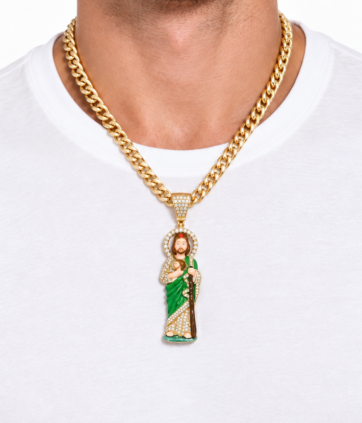 1.5” Heavy 10K Yellow Gold Diamond Jesus Pendant – Hand-Finished Enamel