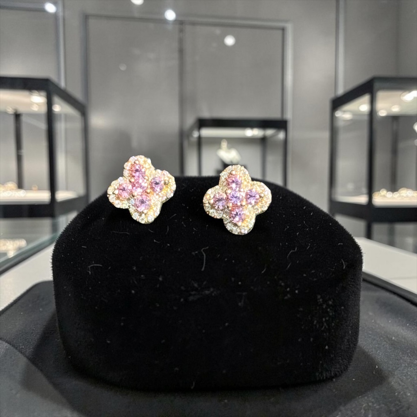 14K Yellow Gold Pink Sapphire & White Diamond Flower Cluster Earrings 0.45ct – Luxury Iced Out Studs