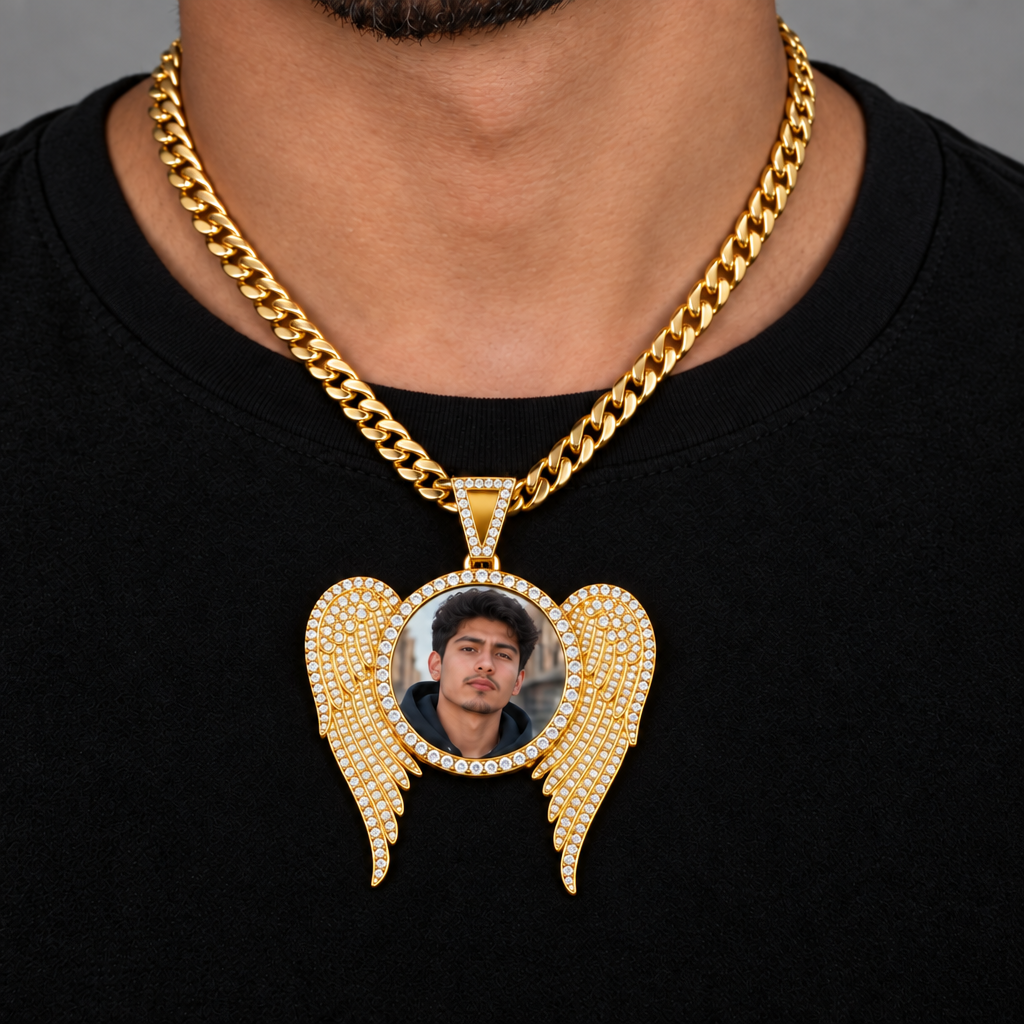 10K Yellow Gold Winged Memory Pendant Natural Diamond Accents