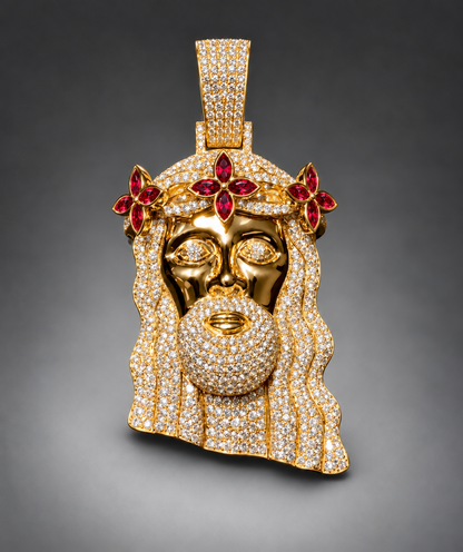 10K Yellow Gold Diamond Jesus Piece Pendant with Red Sapphire Flower Crown