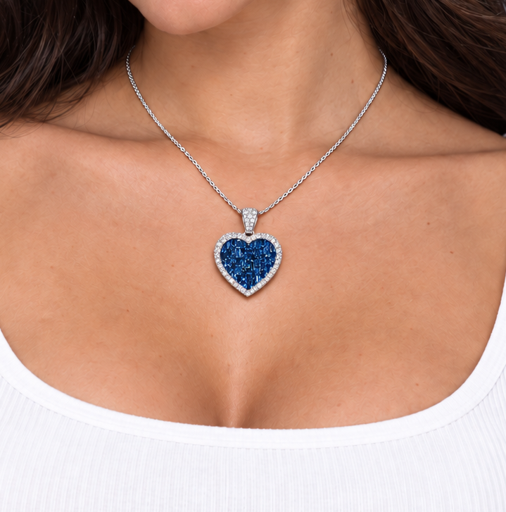 14K White Gold Blue Baguette Diamond Heart Pendant