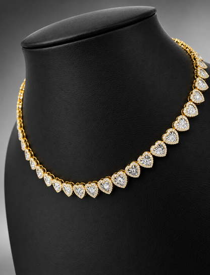 10K Yellow Gold Heart Diamond Tennis Necklace – 7.00 Carats Natural Diamonds | 17”
