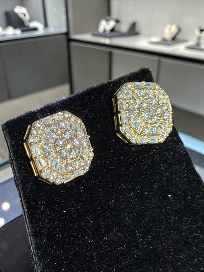 10K Gold Baguette & Round Diamond Octagon Earrings 1.04 Carats – Iced Out Hip Hop Studs