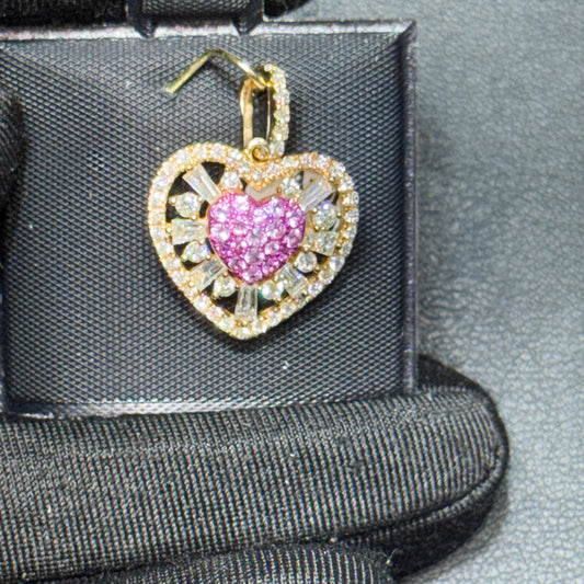 14K Yellow Gold .65” Heart Pendant with 0.90 CT Mosaic Pink Sapphire Center, Natural Round Diamonds & Baguette Accents