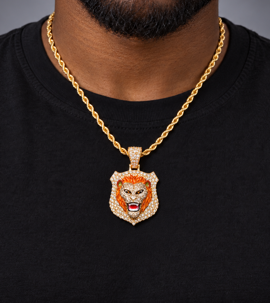 10K Gold 3D Lion Face Pendant with 4.05 CT Natural Diamonds & Enamel Detail