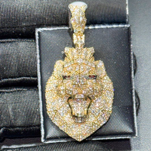 14K Gold 1” 3D Lion Face Pendant with Natural Diamonds, Diamond Crown & Red Diamond Eyes