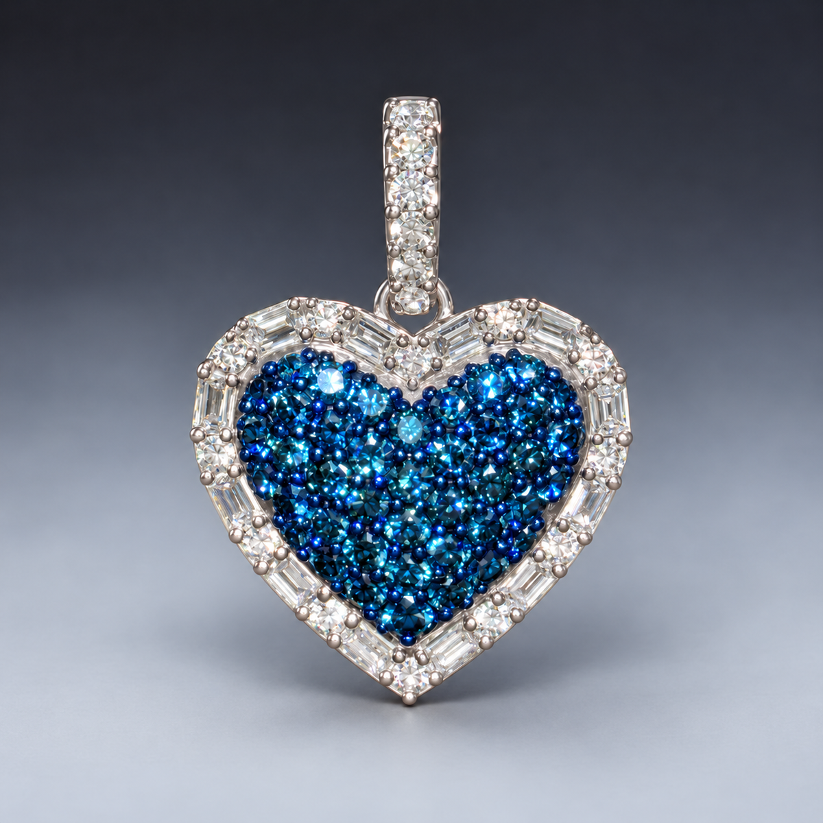 14K White Gold .50” Heart Pendant with 1.00 CT Blue & White Natural Baguette & Round Diamonds