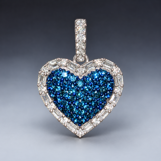 14K White Gold .50” Heart Pendant with 1.00 CT Blue & White Natural Baguette & Round Diamonds
