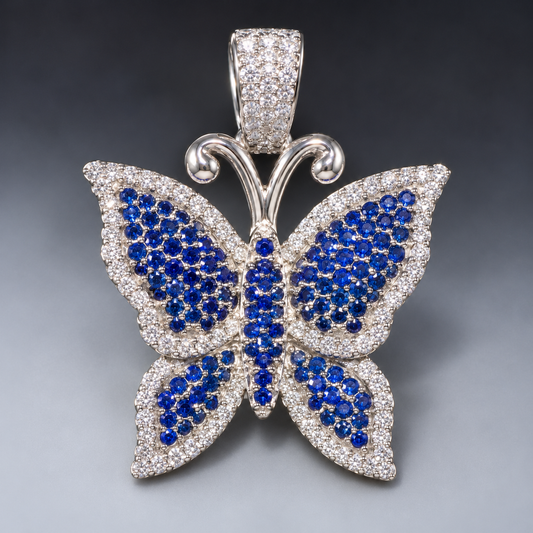 14K Gold Natural Diamond & Sapphire Gemstone Butterfly Pendant