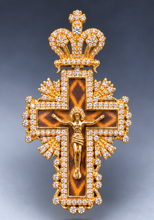 14K Gold Diamond Cross Pendant with Crown