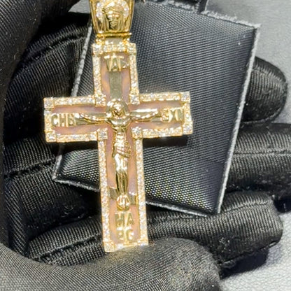 14K Yellow Gold 1.45” Enamel Jesus Cross Pendant with Diamond Border & Diamond Jesus Bail