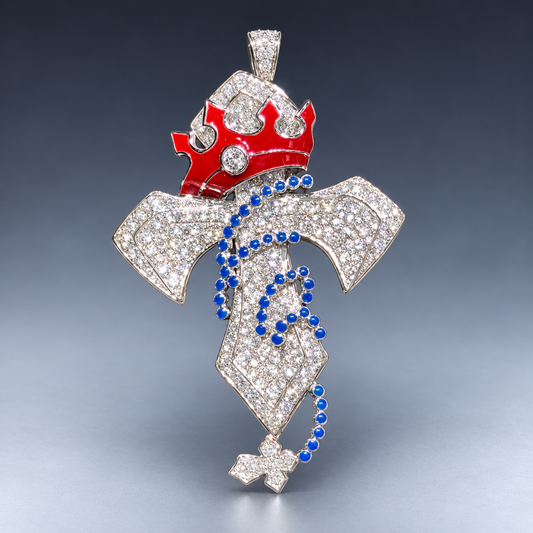 10K Gold Diamond Cross Pendant with Red Crown & Blue Bead Detailing