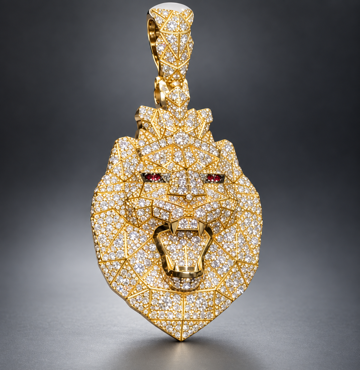 14K Gold 3D Lion Face Pendant with Natural Diamonds, Diamond Crown & Red Diamond Eyes