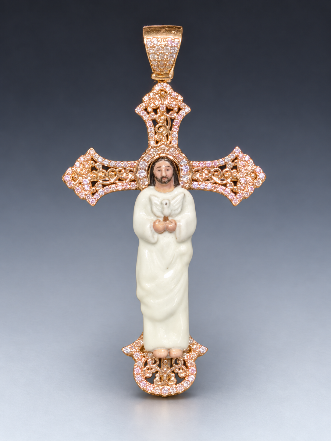 14K Gold Enamel Jesus Cross Pendant Natural Diamond