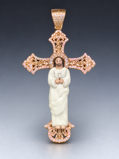 14K Gold Enamel Jesus Cross Pendant Natural Diamond