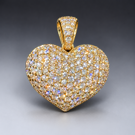 14K Yellow Gold Fully Iced Diamond Heart Pendant