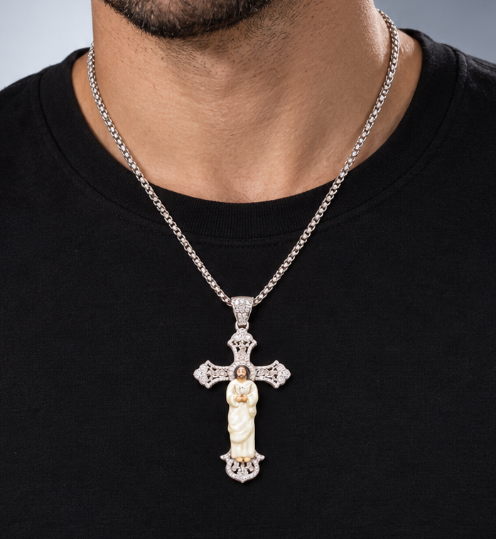 14K Gold Enamel Jesus Cross Pendant Natural Diamond