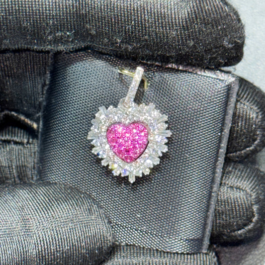 14K White Gold .45” Heart Pendant with 0.65 CT Natural Round Diamonds, 0.30 CT Pink Sapphires & Baguette Accents