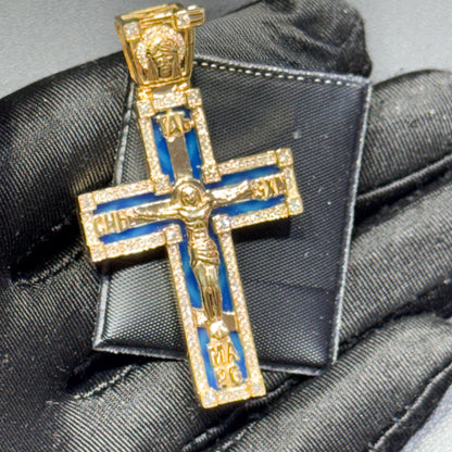 14K Yellow Gold 1.45” Enamel Jesus Cross Pendant with Diamond Border & Diamond Jesus Bail