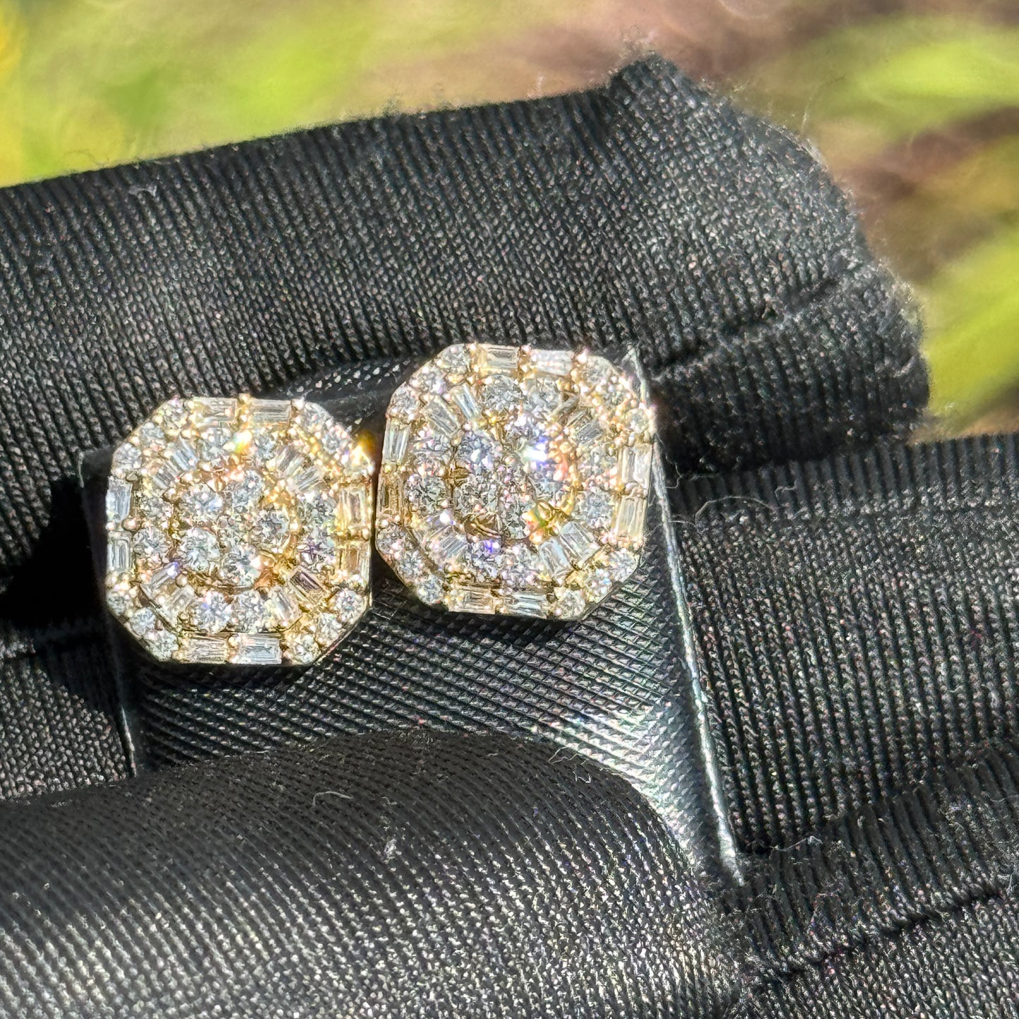 10K Gold Baguette & Round Diamond Octagon Earrings 1.04 Carats – Iced Out Hip Hop Studs