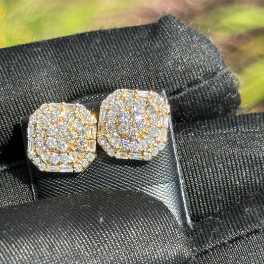 10K Gold Baguette & Round Diamond Octagon Earrings 1.04 Carats – Iced Out Hip Hop Studs