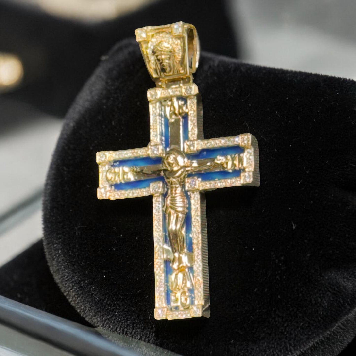 14K Yellow Gold 1.45” Enamel Jesus Cross Pendant with Diamond Border & Diamond Jesus Bail