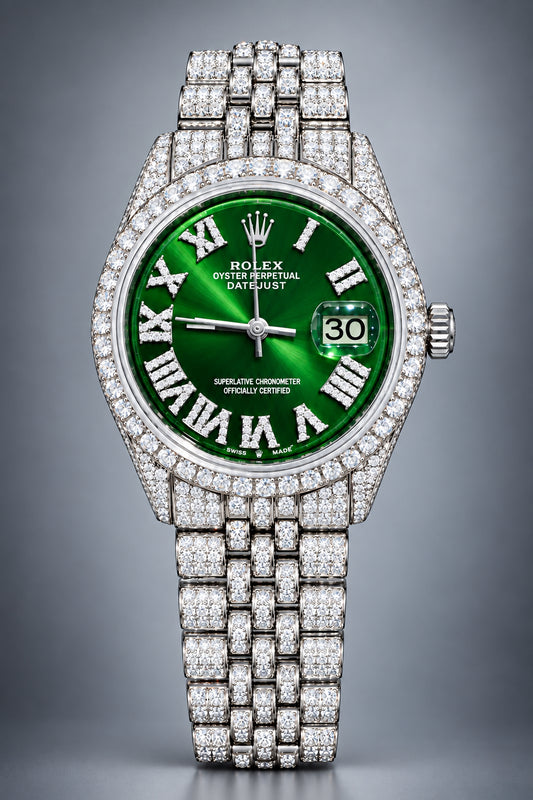 Rolex Datejust 36mm – Fully Iced Out | Diamond Roman Numeral Green Dial