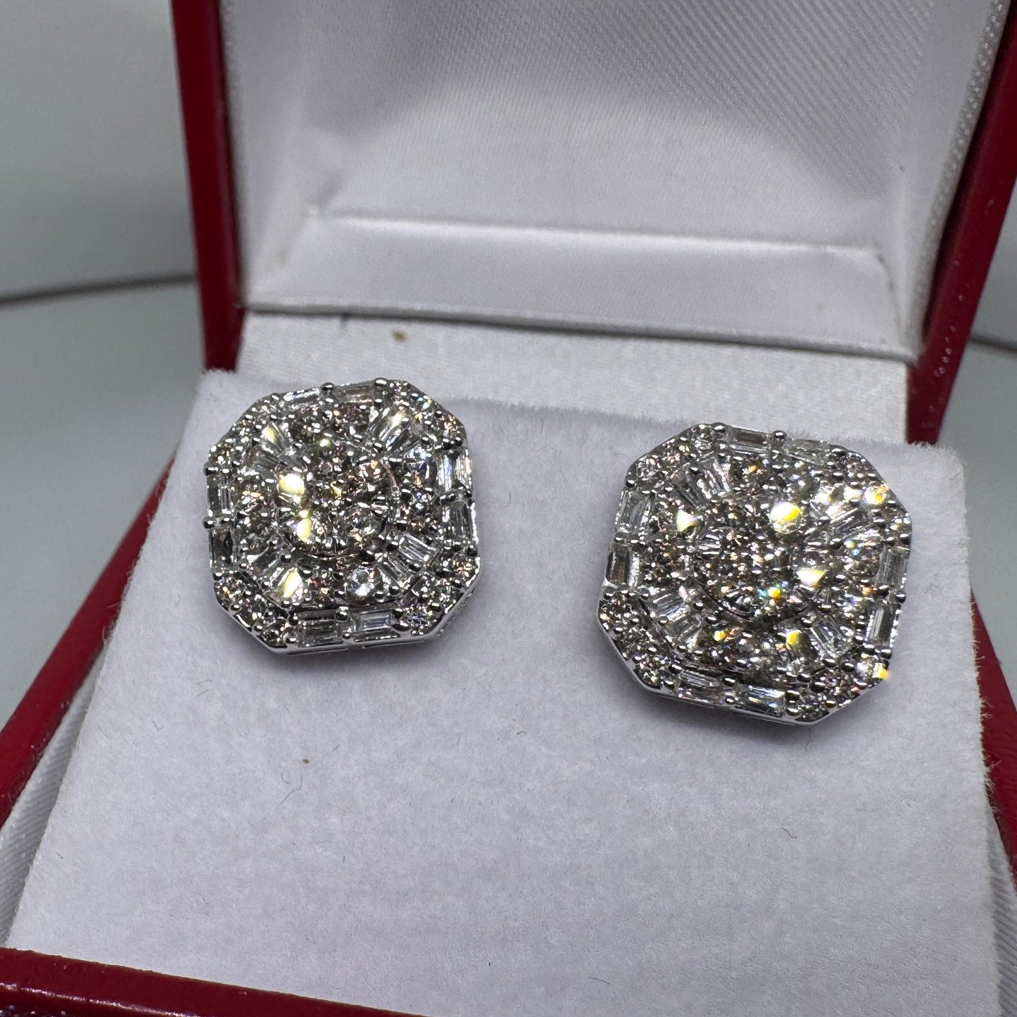 10K Gold Baguette & Round Diamond Octagon Earrings 1.04 Carats – Iced Out Hip Hop Studs