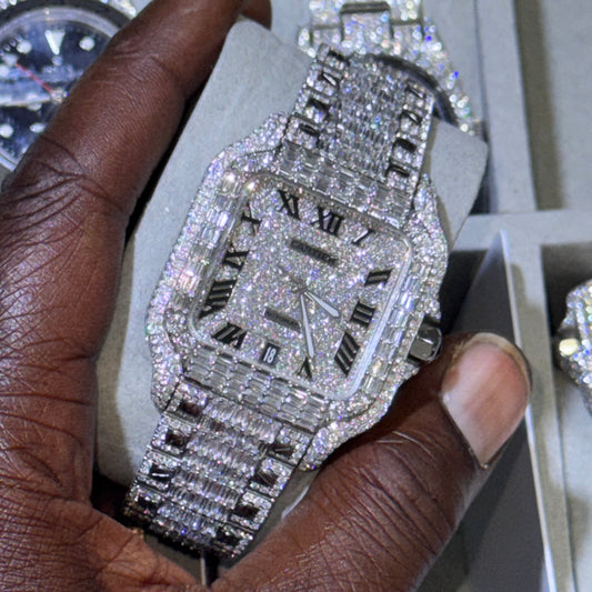 Cartier Santos Baguette Diamond Bust Down Watch – Fully Iced Out Luxury Timepiece