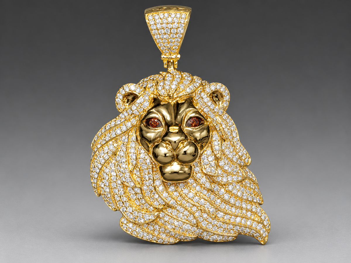 10K Gold Lion Face Pendant with 3.15 CT Natural Diamonds & Red Diamond Eyes